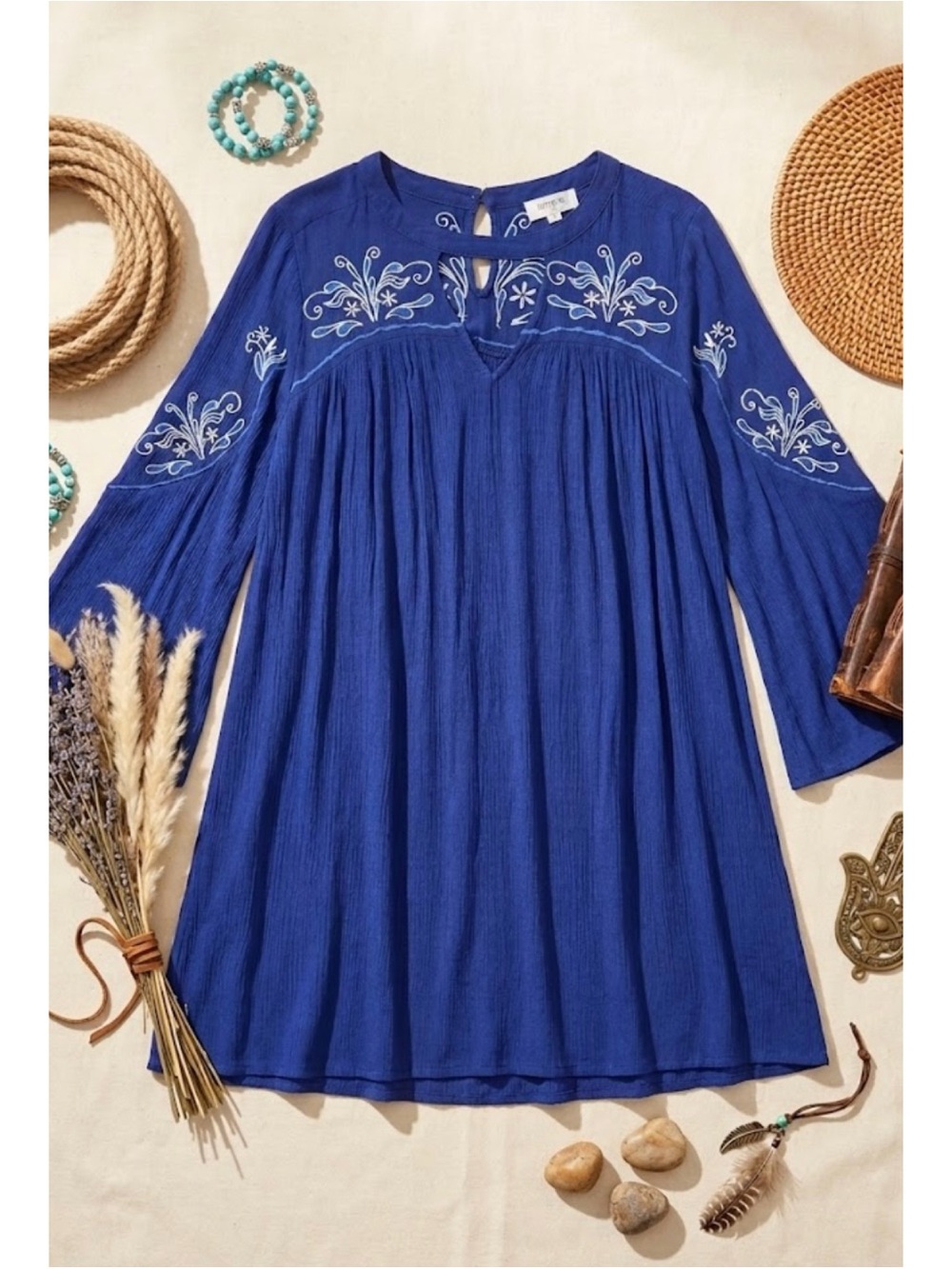 Umgee Navy Crinkle Gauze Floral Embroidered Mini Shift Dress *Read* - Picture 2 of 15